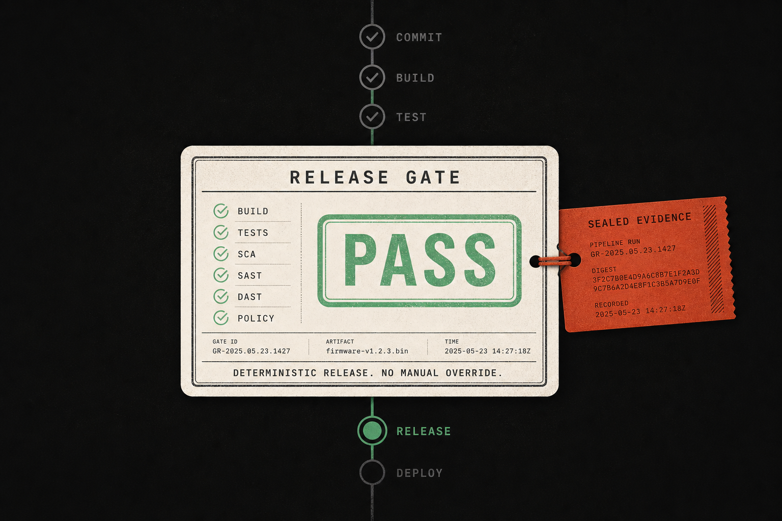 Deterministic release gate with a pass verdict and sealed evidence